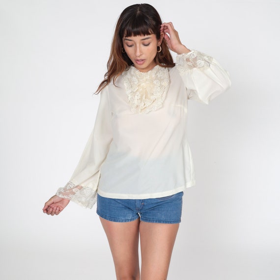 70s Ruffle Blouse Off-White Victorian Lace Shirt Tuxedo Shirt Boho Button Back Top Long Sleeve Romantic Bohemian Party Vintage 1970s Small