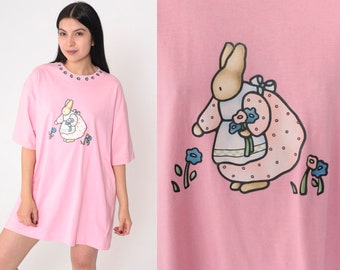 Bunny T-Shirt 90s Pink Floral Shirt Kawaii Cute Animal Graphic Tee Mini TShirt Dress Single Stitch Vintage 1990s Jerzees Small Medium Large