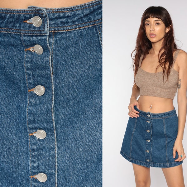 Denim Mini Skirt Jean Skirt Y2K Button Up Skirt 00s High Waisted Flared A Line Skirt Retro Vintage Blue Medium Large