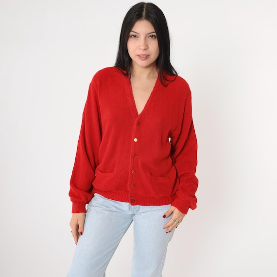 70s Red Cardigan Button Up Knit Sweater Retro Plain V Neck Grandpa Sweater Slouchy Preppy Knitwear Acrylic Vintage 1970s Small xs
