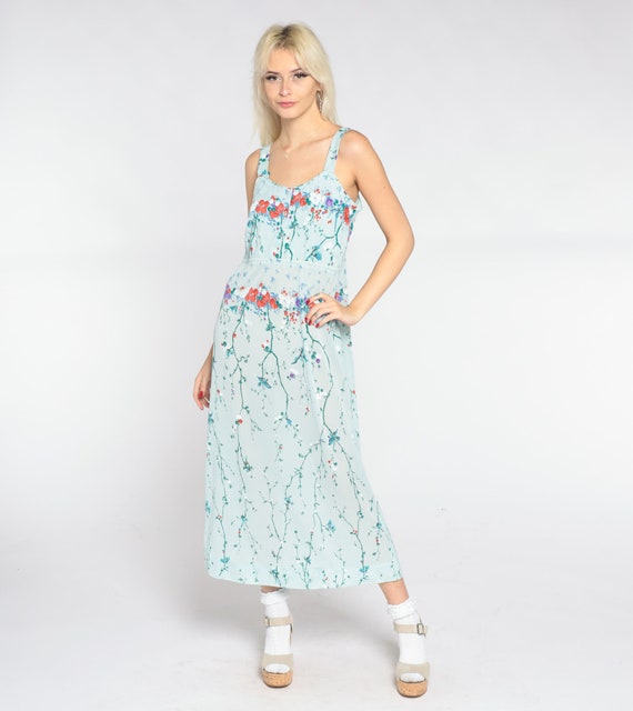 Baby Blue Floral Dress 70s Asian Inspired Blossom Branch Bird Print Midi Dress Retro High Waisted Sleeveless Sundress Vintage 1970s Small s