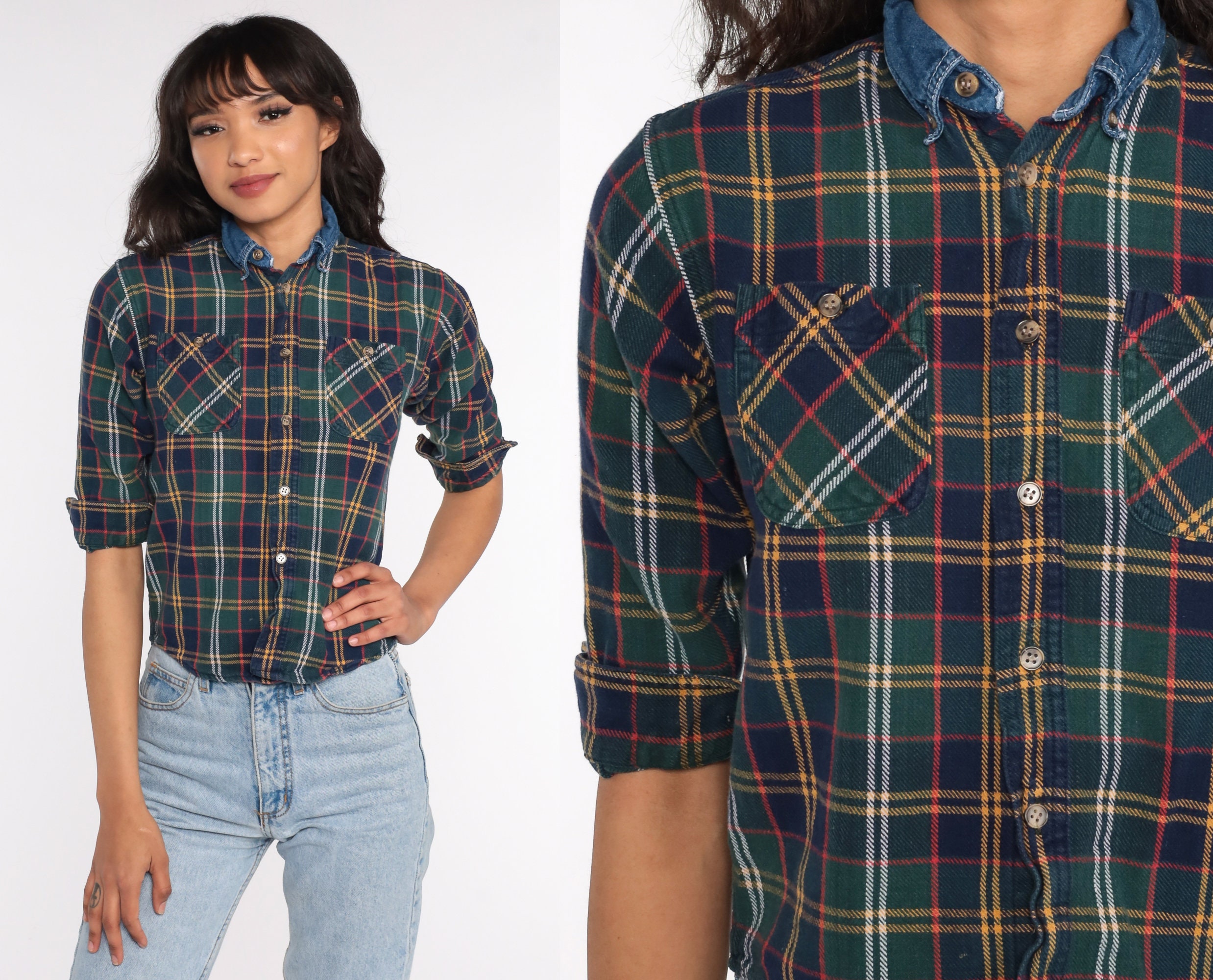 90s Plaid Shirt 2xs DENIM COLLAR Flannel Shirt Blue Green Grunge Button ...