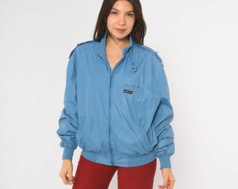 80s Members Only Blue Bomber Jacket Zip Front Cotton Windbreaker Stand Collar Epaulets Harrington Coat Unisex Lightweight Vintage Medium M