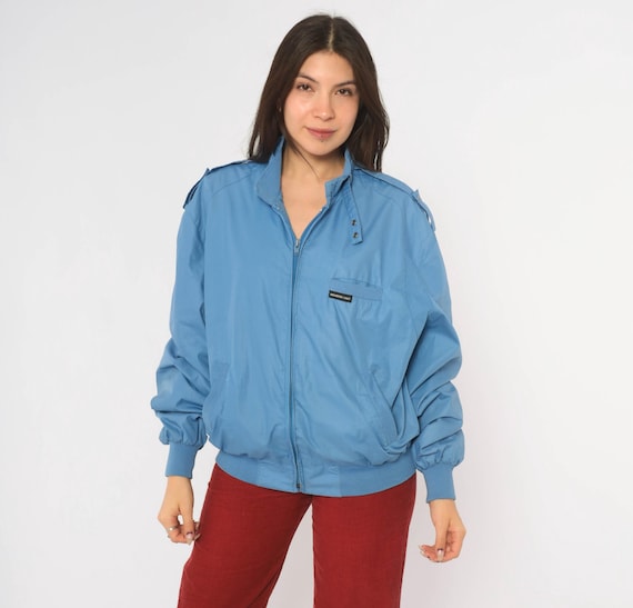 80s Members Only Blue Bomber Jacket Zip Front Cotton Windbreaker Stand Collar Epaulets Harrington Coat Unisex Lightweight Vintage Medium M