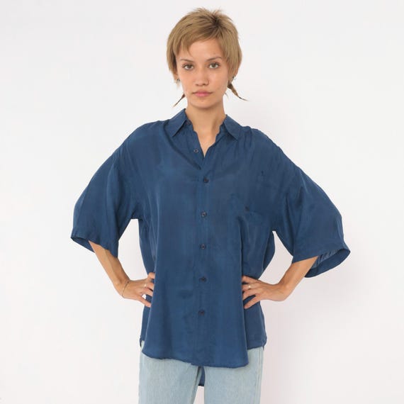 90s Silk Shirt Navy Blue Button Front Short Sleeve Blouse Cobalt Chest Pocket Drop Shoulder Plain Franco Biani Minimalist Top Vintage Small