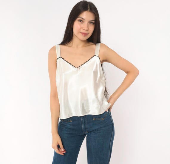 90s Satin Lace Trim Cami Camisole V Neck Top White Lingerie Blouse Black Rose Tank Gothic Sodt Grunge Alt Coquette Vintage Shirt Large L