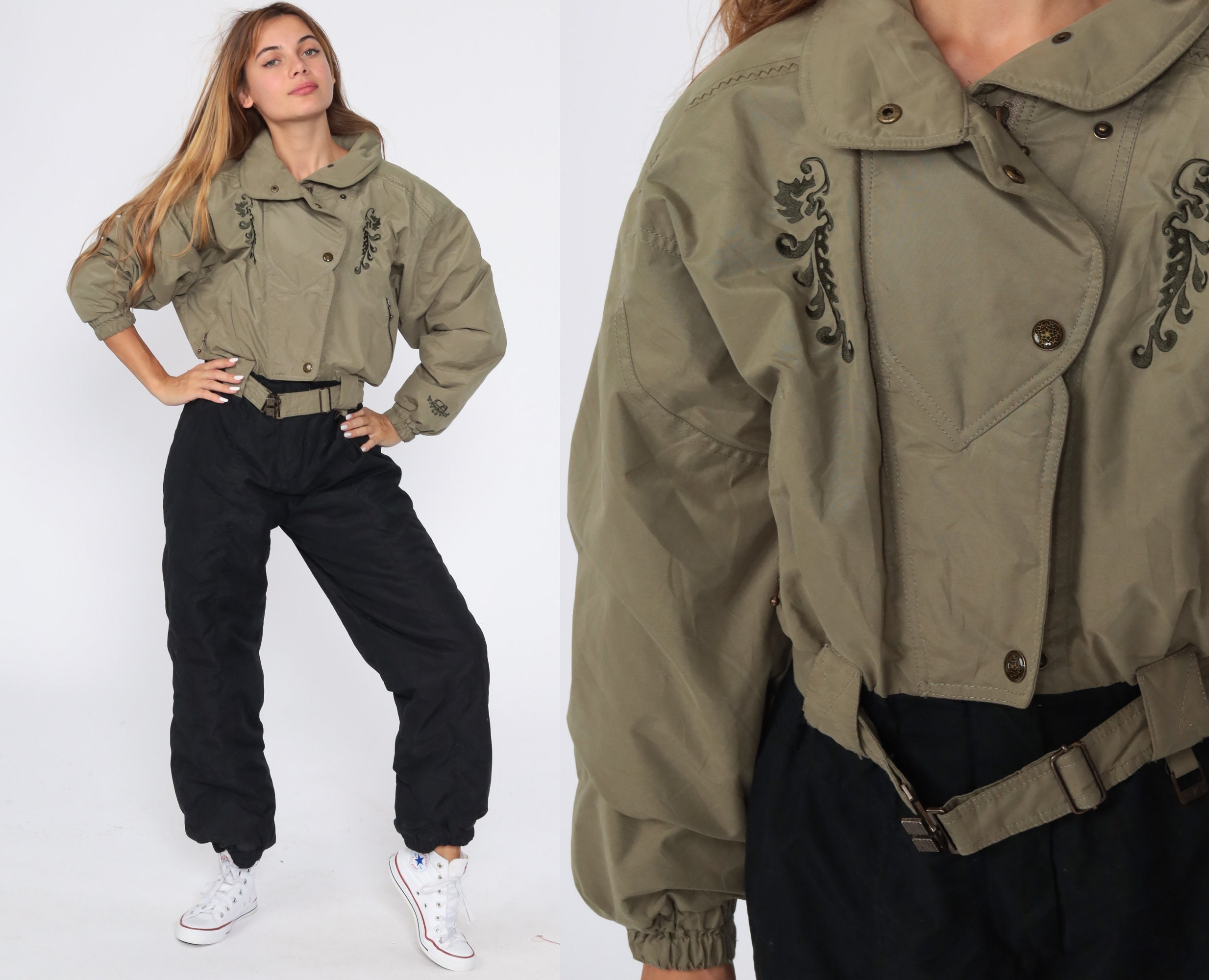 Y2k Snowsuit Hooded Ski Suit One Piece Winter Black Olive Brown Ski Suit Embroidered Belted 00s Retro Vintage Sportswear Small 6