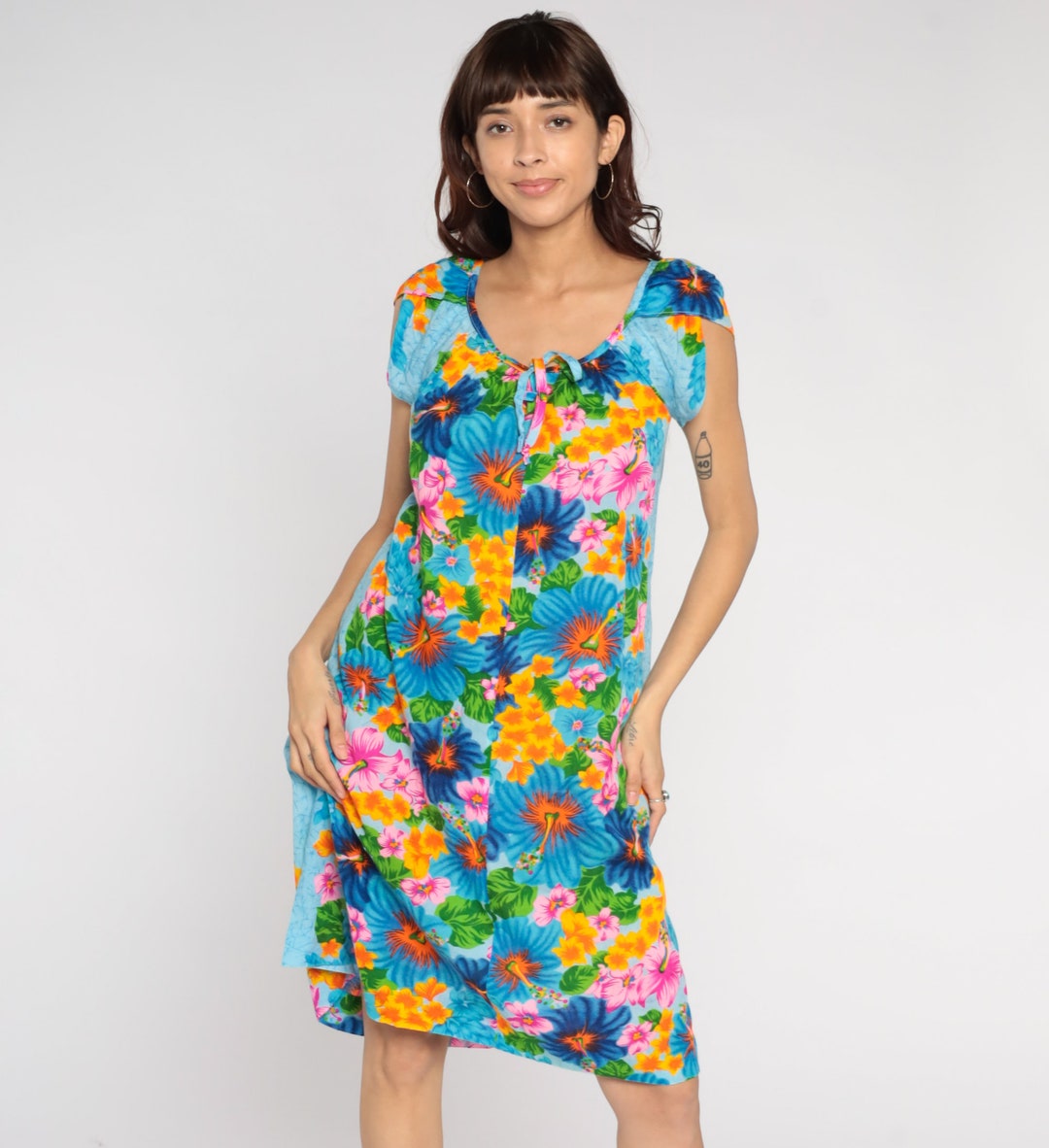 70s Hawaiian Dress Blue Hibiscus Shift Dress Tropical Floral Boho Beach ...