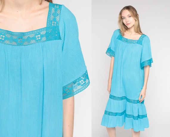 Blue Cotton Dress 80s Midi Dress Boho Crochet Tri… - image 1