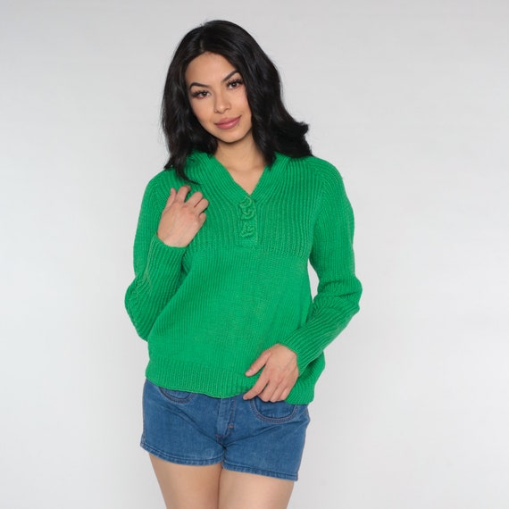 70s Green Sweater V Neck Sweater Ribbed Plain Knit Jumper Vintage 1970s Long Raglan Sleeve Normcore Retro Small Medium