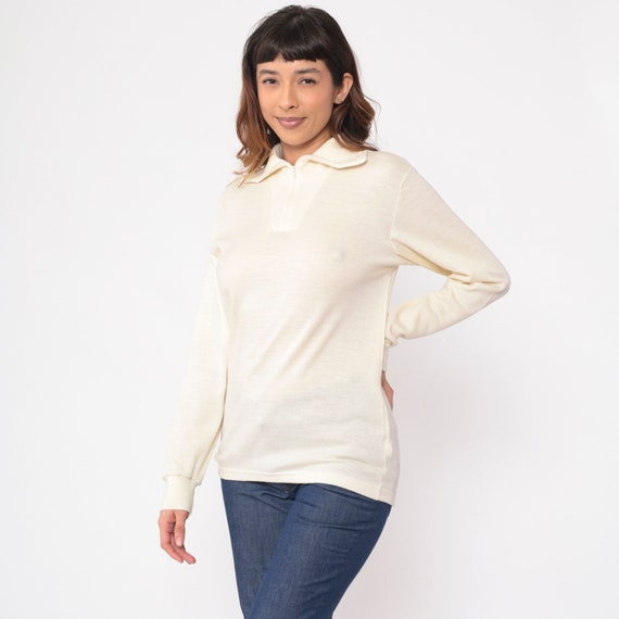 Cream Wool Shirt 80s Quarter Zip Up Long Sleeve Shirt Retro Pullover Basic Plain Simple Collared Ski Knitwear Vintage 1980s Devold Small S