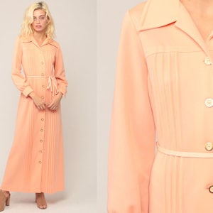 70s Maxi Dress Mod Button Up Peach Dress BELTED Dress Boho 1970s Long Sleeve Vintage Seventies Dress Pastel Column Medium