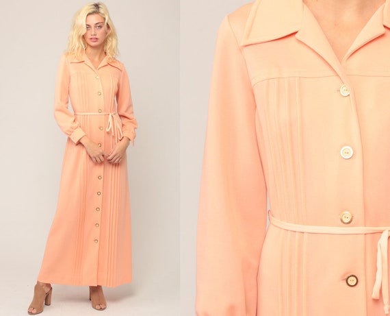 70s Maxi Dress Mod Button Up Peach Dress BELTED Dress Boho 1970s Long Sleeve Vintage Seventies Dress Pastel Column Medium