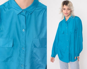 Turquoise Blue Blouse 80s 90s Button Up Top Silky Gathered Shoulder Collared Shirt Plain Long Roll Tab Sleeve Pocket Vintage 1990s Large 14