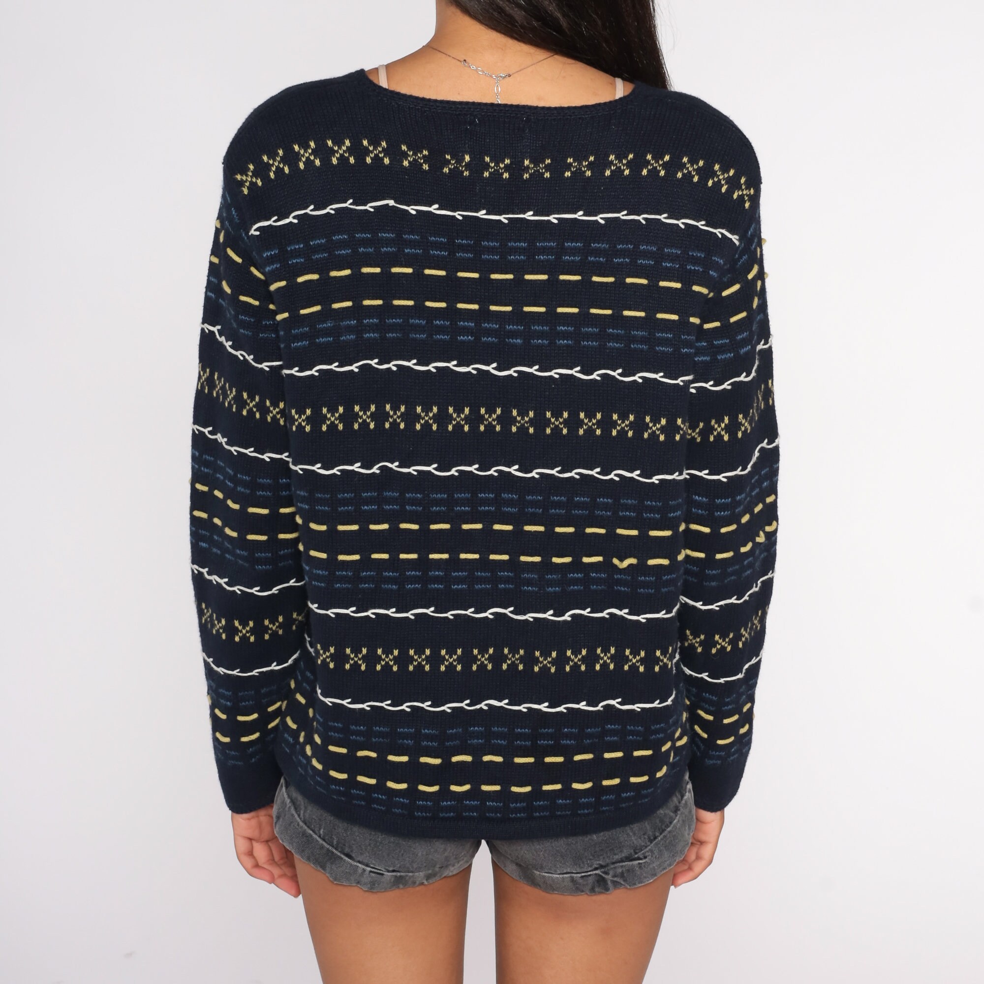 Navy Cardigan Sweater Y2k Striped Button up Knit Sweater Blue Abstract