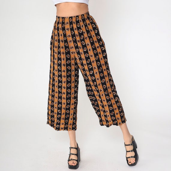 Geometric Hippie Pants Y2K Cropped Capri Trousers Geometric Striped Baggy Bohemian 00s Burnt Orange Black Rayon Elastic Waist Small xs s