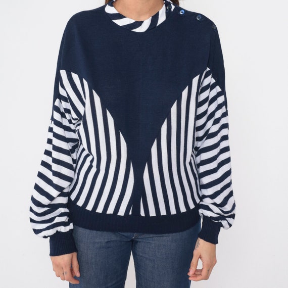 80s Striped Sweater Blue White Colorblock Knit Pu… - image 9