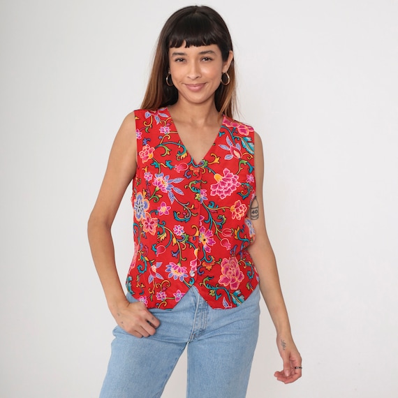 90s Silk Vest Red Indian Floral Print Button Up Vest Retro Sleeveless Shirt V Neck Boho Top Vibrant Hippie Vintage 1990s Small S