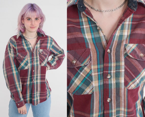 Burgundy Plaid Shirt 90s Button up Shirt Retro Checkered Grunge Lumberjack Long Sleeve Boyfriend Vintage 1990s Turquoise Tan Medium Large