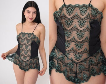 Teddy lingerie des années 80 en dentelle noir vert floral brodé body à volants une pièce boudoir une pièce vintage des années 1980 Val Mode petit S