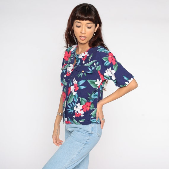Tropical Floral Blouse 80s Button Up Short Sleeve… - image 3