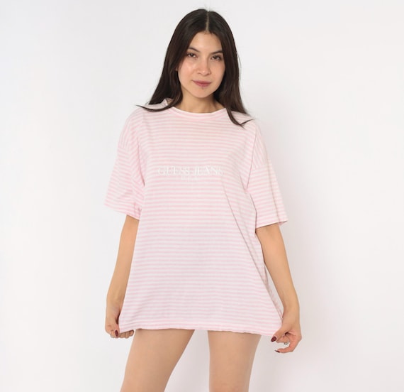 Guess Jeans USA Striped Tee 90s Pink White Horizontal Stripe Cotton Embroidered Logo Crew Neck Short Sleeve Relaxed Fit Shirt Vintage Large