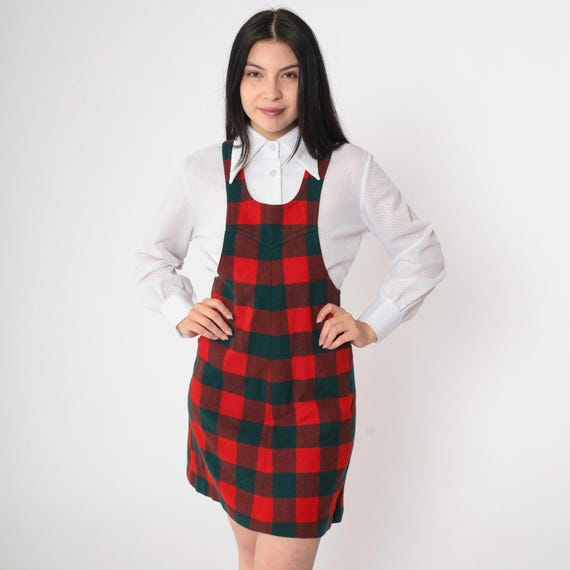 70s Plaid Jumper Dress Vintage Red Green Mini Dress Checkered Print Pinafore Preppy Sleeveless 1970s Retro MiniDress Extra Small xs
