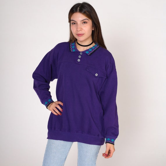 Purple Polo Sweatshirt 90s Southwestern Print Collared Sweatshirt Button up Pullover Sweater Geometric Trim Boho Shirt Vintage 1990s Large L