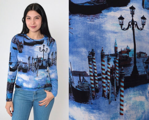 Venice Italy Shirt Y2K Nautical Gondola Canal Cityscape Top Blue T-Shirt Italian Art Graphic Tee Retro Fitted Long Sleeve Vintage 00s Small