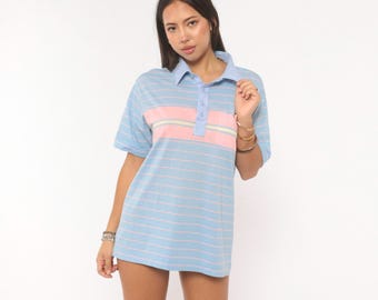 80s Distressed Pastel Striped Polo Par Four Shirt Blue Pink Chest Pocket Preppy Collegiate Tennis Top Academic Vintage Mens Medium M