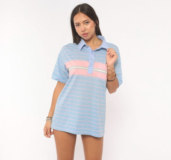 80s Distressed Pastel Striped Polo Par Four Shirt Blue Pink Chest Pocket Preppy Collegiate Tennis Top Academic Vintage Mens Medium M