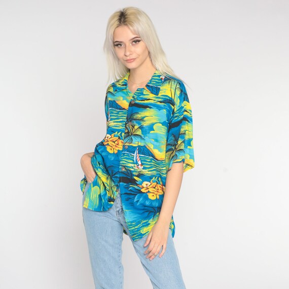 Hawaiian Shirt Y2K Blue Tropical Shirt 00s Palm Tree Sailboat Floral Surfer Button Up Shirt 90s Boho Top Beach Sea Ocean Extra Large xl