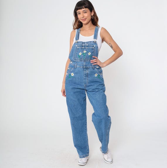 90s Jean Overalls Floral Embroidered Revolt Denim Blue Bib GRUNGE Pants Baggy Dungarees Long Pants Boyfriend Suspender Vintage Women's Large