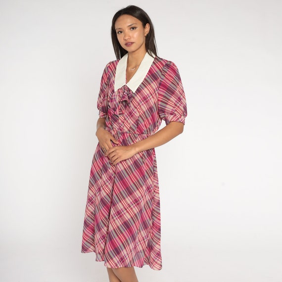 80s Plaid Dress Purple Ascot Puff Sleeve Midi Puffy Checkered Dress High Waisted Chelsea Collar Preppy Retro Vintage Fuchsia Small Medium