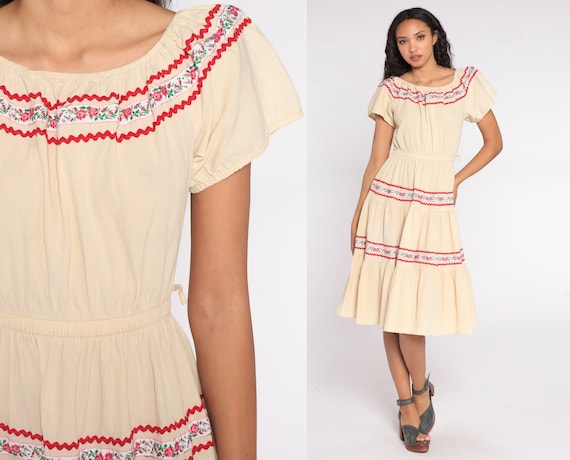 70s Peasant Dress Tan Boho Chic Floral Trim Tiered Dress 1970s Summer Bohemian Vintage High Waist Retro Ruffle Short Sleeve Small S