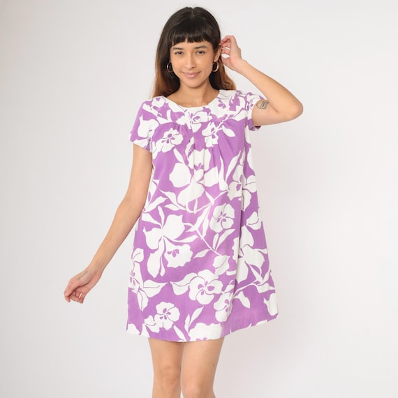 Vintage Hawaiian Tent Dress 70s Purple Mini Floral Hippie 1970s Boho Tropical Aloha Short Sleeve Bohemian Resort Vacation Small S