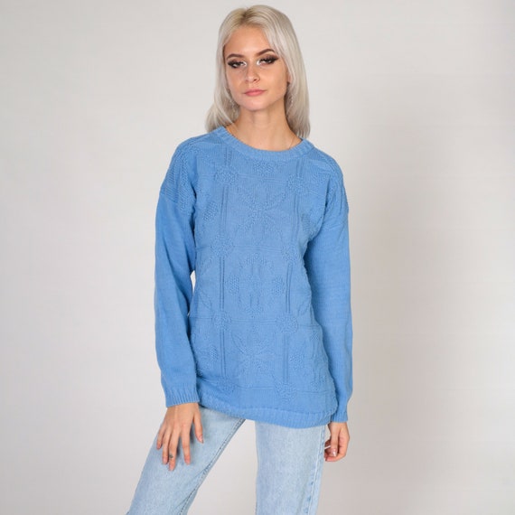 Cornflower Blue Sweater 80s Floral Knit Pullover Sweater Flower Print Crewneck Jumper Simple Hippie Boho Spring Cotton Vintage 1980s Medium