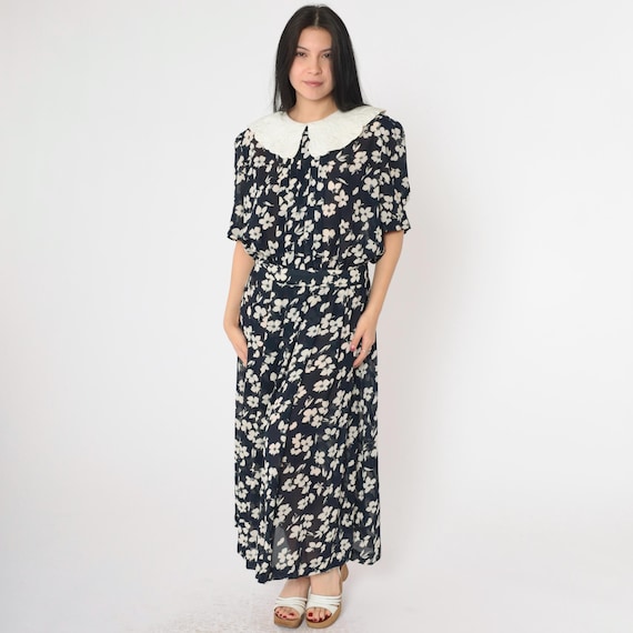 80s Sheer Floral Dress Navy Blue Maxi Pleated Puritan Collar White Blouson Dress Vintage 1980s High Waisted Slouch Puff Sleeve Medium