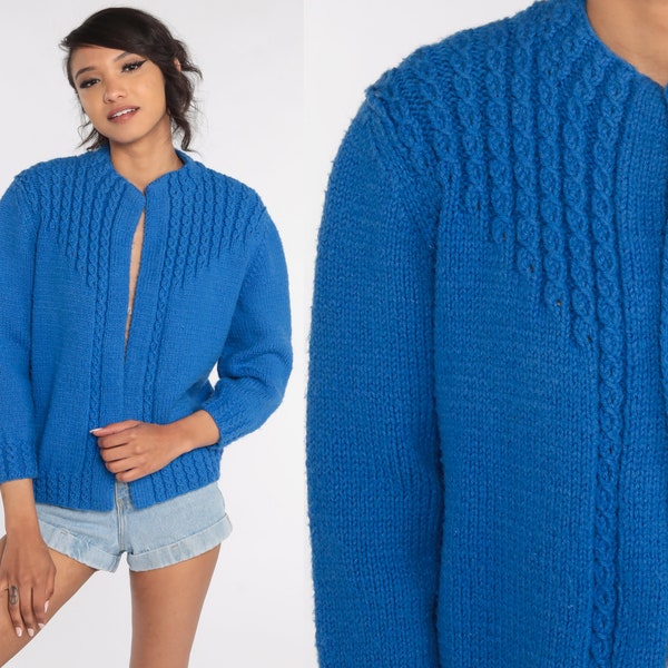 Blue Cardigan Sweater 70s Open Front Sweater Vintage Acrylic Knit 1970s Grandma Small S