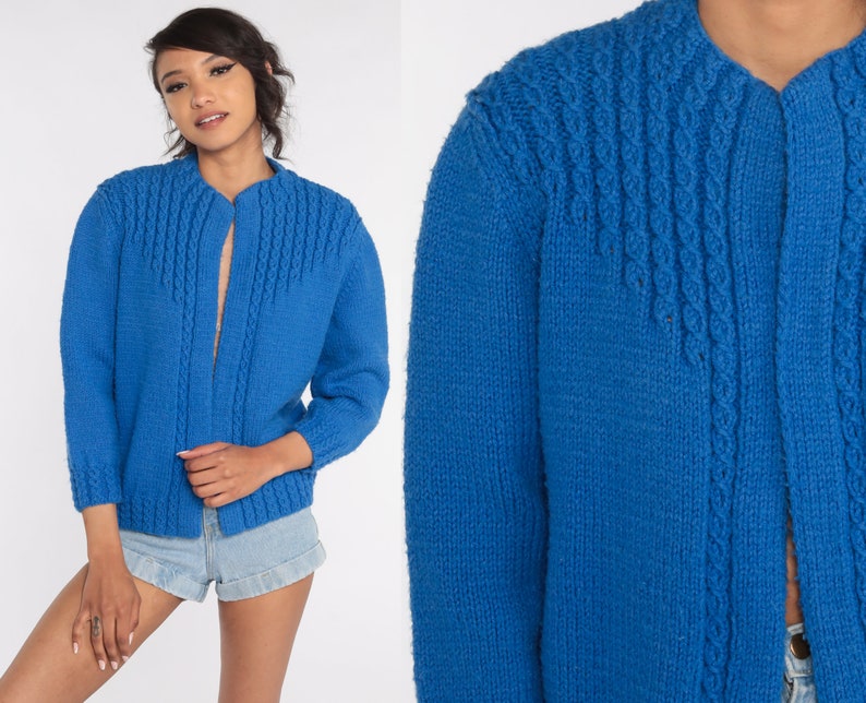 Blue Cardigan Sweater 70s Open Front Sweater Vintage Acrylic Knit 1970s Grandma Small S image 1