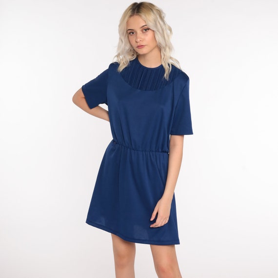 70s Mini Dress Plain Dark Blue Short Sleeve 80s High Waist Dress Simple Day Dress Casual Dress Vintage Boho Medium