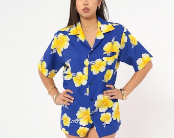 Hawaiian Hibiscus Shirt 90s Cobalt Blue Yellow Floral Camp Collar Aloha Tropical Print Beach Vacation Summer Island Unisex Vintage Medium M