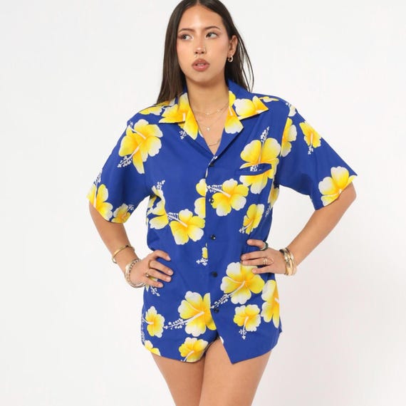 Hawaiian Hibiscus Shirt 90s Cobalt Blue Yellow Floral Camp Collar Aloha Tropical Print Beach Vacation Summer Island Unisex Vintage Medium M