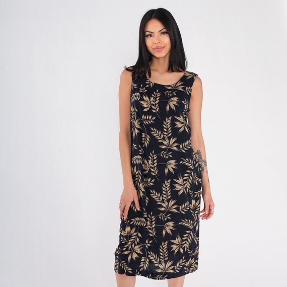 90s Midi Dress Black Leaf Vine Print Dress Grunge Sundress Sleeveless Knee Length Tank Casual Retro Day Sun Dress Vintage 1990s Medium M