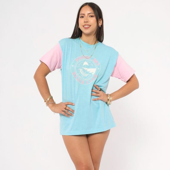 80s Puerto Rico Beach Club Tee Baby Blue Pink Colorblock White Cuffed Sleeves Souvenir Vacation Summer Pastel Surf Tropical Shirt Medium M