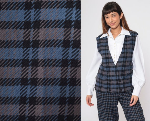 Plaid Wool Vest 80s Bill Blass Double Breasted Button up Vest Top Blue Grey Checkered Print Preppy Retro Shirt Academia Vintage 1980s Small