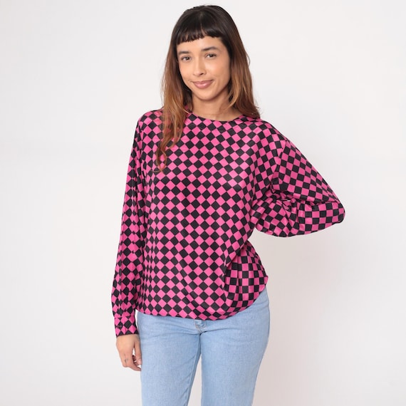90s Checkerboard Blouse Black Pink Diamond Pattern Keyhole Back Print Vintage Top Shirt Club Party Girly Goth Grunge Alternative Large L