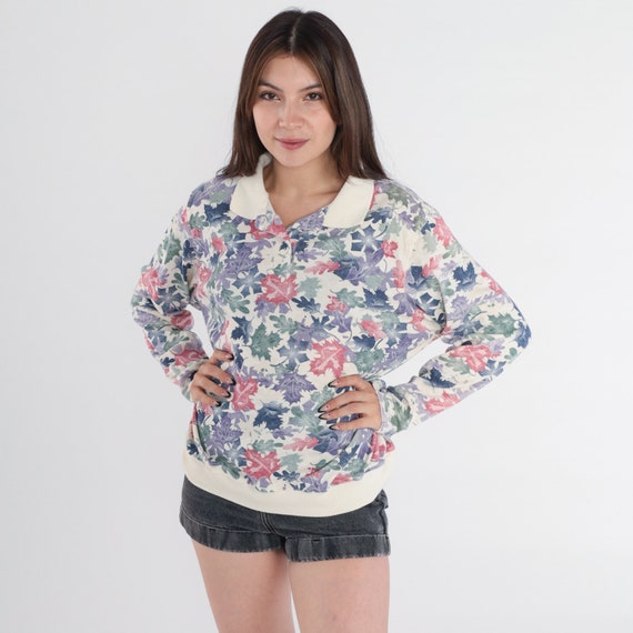 Leaf Print Sweatshirt 90s Collared Sweatshirt Autumn Leaves Polo Sweater Top Retro Slouchy Cream Red Blue Green Purple Vintage 1990s Large L