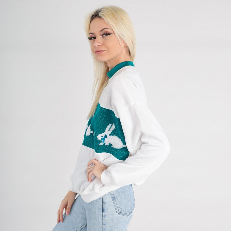 Kanintröja Metallisk kanintröja 80-90-tal Vit blågrön djurtröja Hjärtringad dubbelkrage Grafisk skjorta Kawaii Vintage Stor bild 6