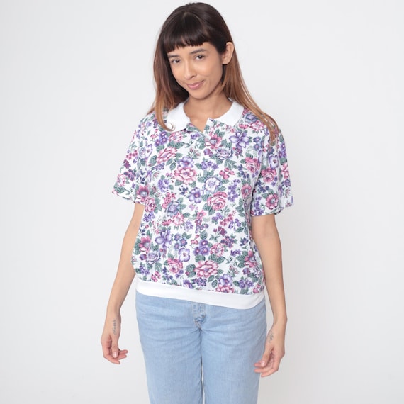 Floral Polo Shirt 90s Cascade Blues Cottagecore Romantic Purple Pink Rose Print White Collar Cropped Vintage Spring Garden Preppy Large L
